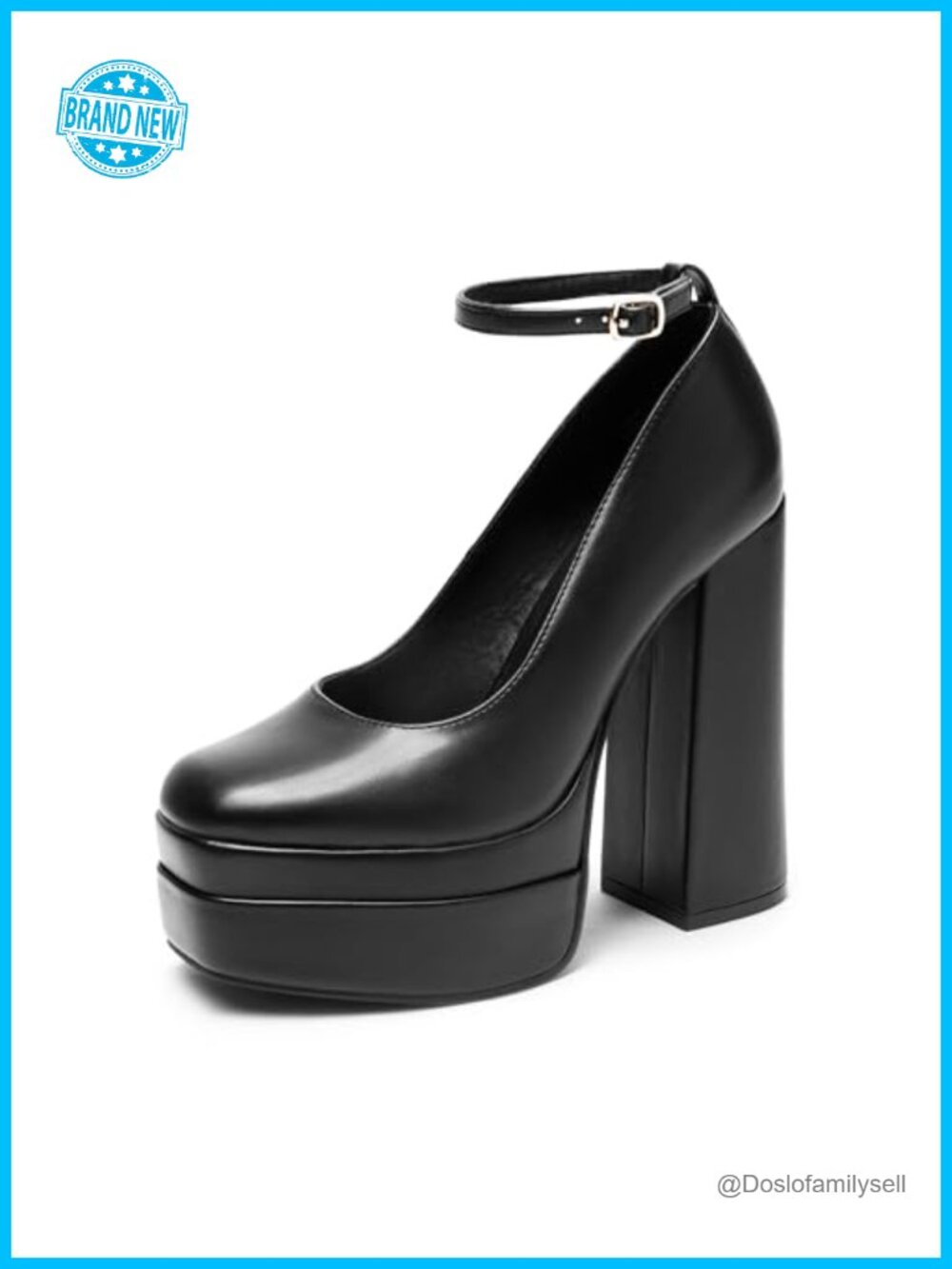 Mary Jane Platform Heel Pumps Square Toe Ankle Strap Chunky